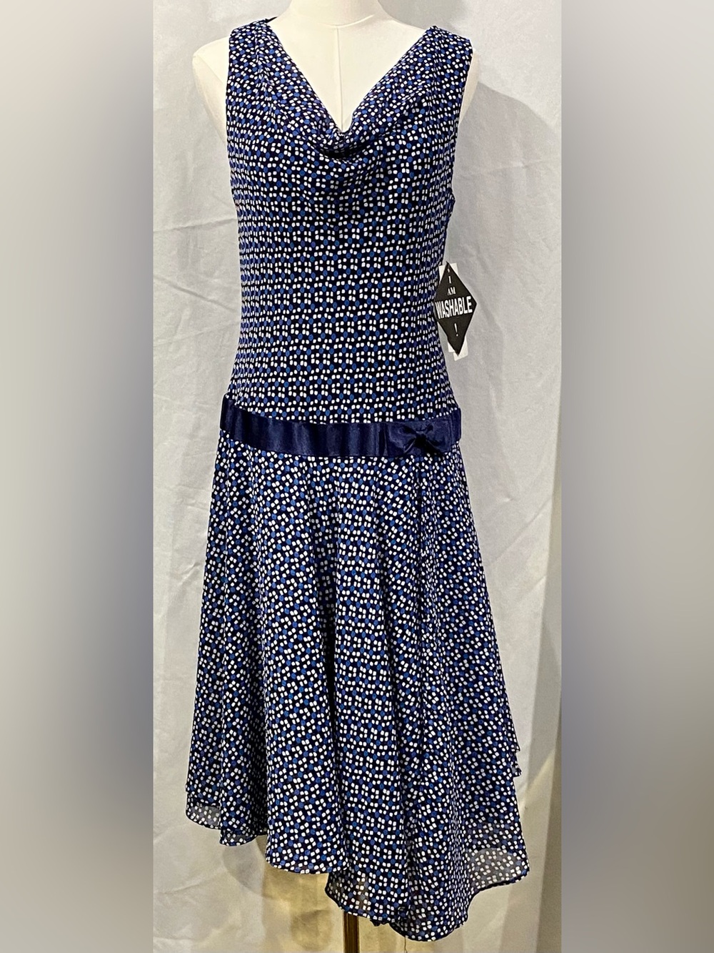 Vintage 1980s Miss Dorby Navy Blue Printed Dress with Satin Bow Layered Hem 10